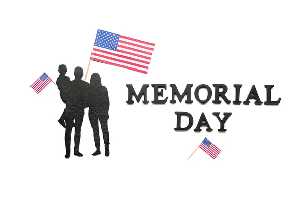 Text Memorial Day Mit Familienfigur Und Usa Flaggen Auf Weißem — Stockfoto