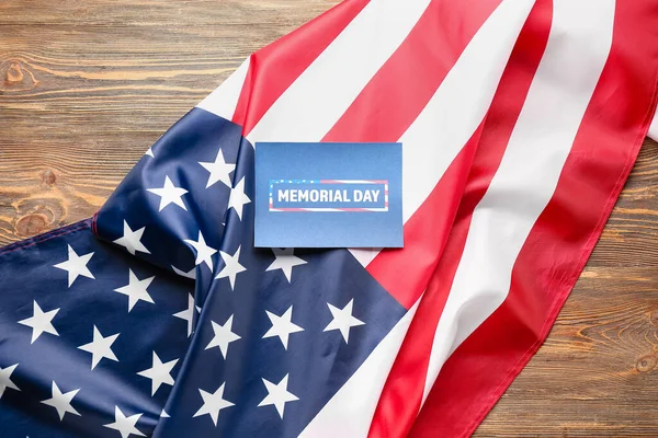 Greeting Card Text Memorial Day Usa Flag Wooden Background — Stock Photo, Image