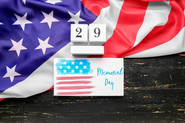 Gedenktag Mit Grußkarte Und Usa Flagge Auf Dunklem Holzgrund — Stockfoto