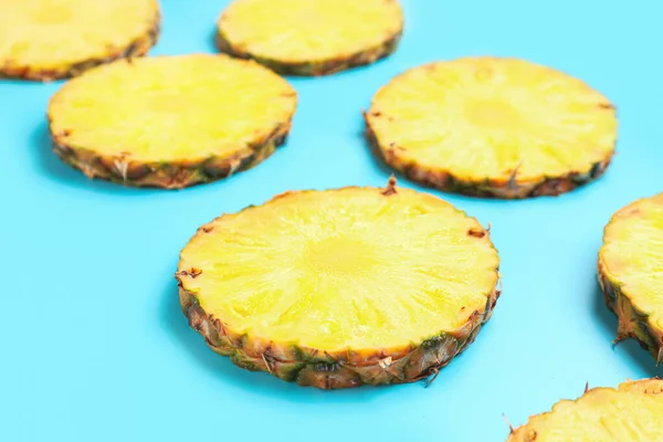 Slices Fresh Ripe Pineapple Blue Background — Stock Photo, Image