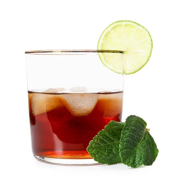 Glass Cold Rum Lime Mint White Background — Stock Photo, Image
