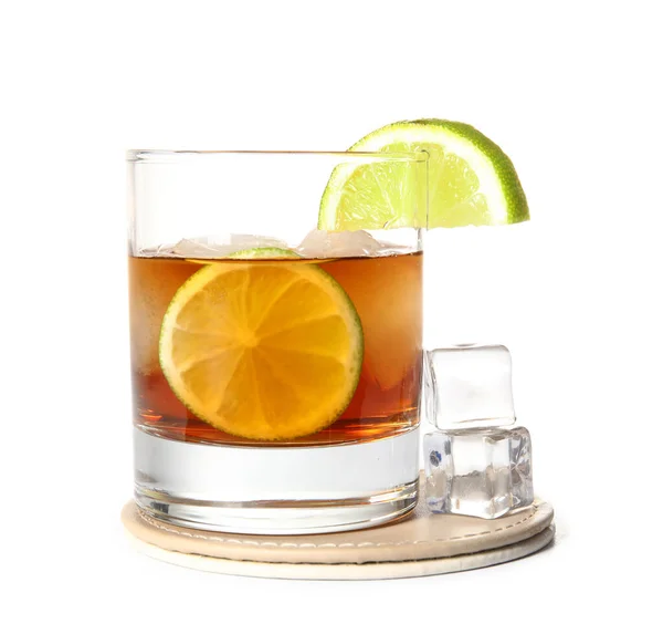 Glass Cold Rum Lime White Background — Stock Photo, Image