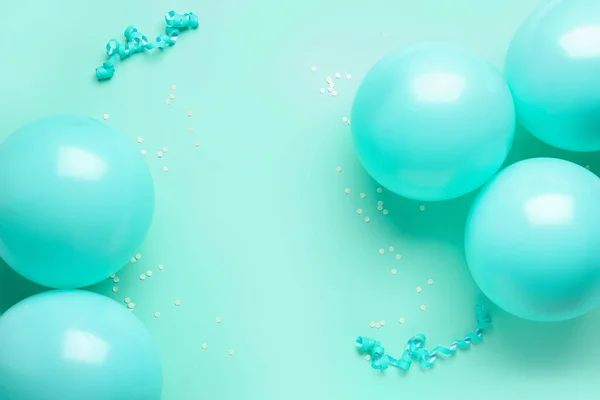 Frame Made Blue Balloons Ribbons Serpentine Color Background — Stock Photo, Image