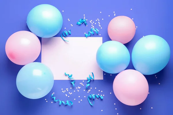 Frame Made Balloons Ribbons Serpentine Blank Paper Sheet Color Background — Stock Photo, Image