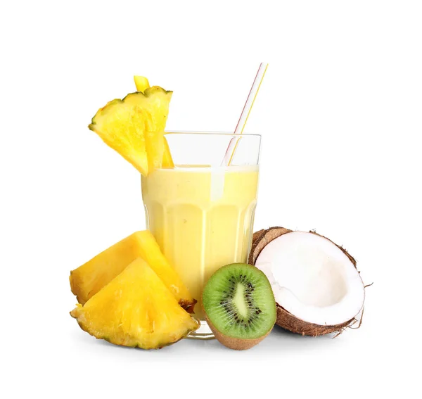 Glass Tasty Pineapple Smoothie Coconut Kiwi White Background — Stock Photo, Image