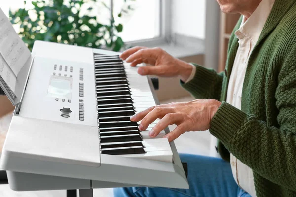 Mature Man Playing Synthesizer Home Closeup — Stock Photo, Image
