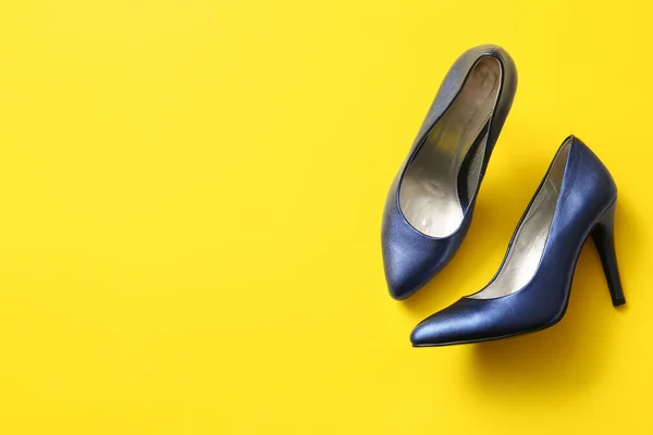 Pair Stylish High Heeled Shoes Yellow Background — Stock Photo, Image