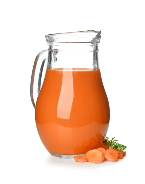 Glas Und Krug Mit Leckerem Karottensaft Auf Weißem Hintergrund — Stockfoto