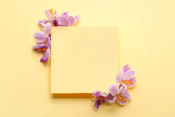 Composition Blank Card Saffron Flowers Yellow Background — Stock Photo, Image