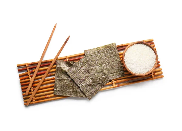 Bamboo Mat Natural Nori Sheets Chopsticks Bowl Rice Isolated White — Stock Photo, Image