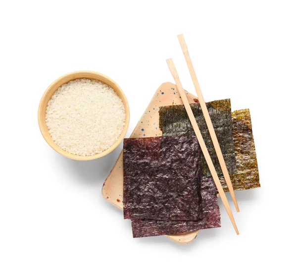 Plate Natural Nori Sheets Chopsticks Bowl Rice Isolated White Background — Stock Photo, Image