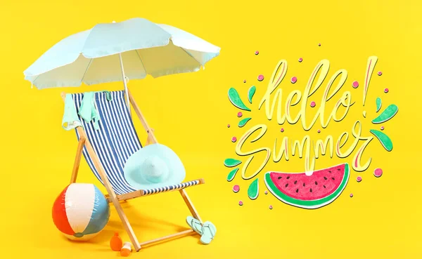 Банер Текстом Hello Summer Пляжний Стілець Парасолька Надувний Аксесуари Жовтому — стокове фото