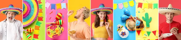 Colagem Mexicanos Com Sombrero Comida Tradicional Maracas Decorações Sobre Fundo — Fotografia de Stock
