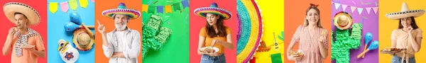 Набор Мексиканцев Сомбреро Традиционные Блюда Маракасы Украшения Красочном Фоне — стоковое фото