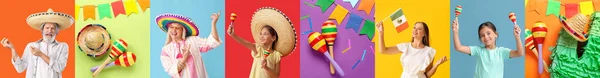 Koláž Šťastných Mexických Lidí Sombrero Marakas Vlajka Dekorace Barevném Pozadí — Stock fotografie