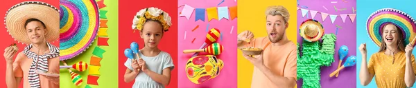 Kolaż Szczęśliwych Meksykanów Sombrero Marakas Flaga Tradycyjne Jedzenie Dekoracje Kolorowym — Zdjęcie stockowe