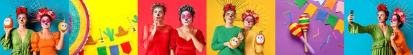 Collage Kvinnor Med Målade Skalle Ansikten Maracas Och Dekorationer Färgglada — Stockfoto