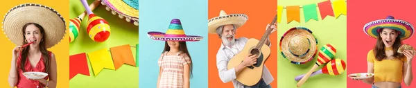 Collage of happy Mexican people with sombrero, guitar, traditional food and maracas on colorful background