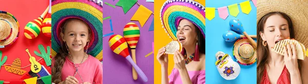 Kolaż Meksykańskich Dziewcząt Sombrero Marakasy Tradycyjne Jedzenie Dekoracje Kolorowym Tle — Zdjęcie stockowe