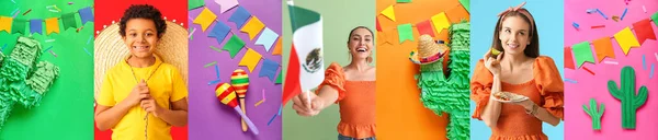 Collage of happy Mexican people with sombrero, flag, traditional food, maracas and decorations on colorful background