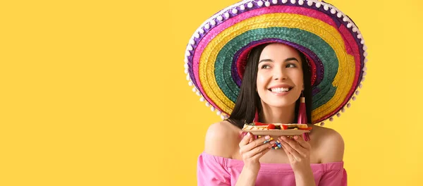 Happy Mexican Woman Tasty Quesadilla Yellow Background Space Text — Stock Photo, Image