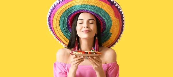 Beautiful Young Mexican Woman Tasty Quesadilla Yellow Background — Stock Photo, Image