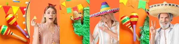 Colagem Mexicanos Com Sombrero Maracas Comida Tradicional Decorações Fundo Laranja — Fotografia de Stock