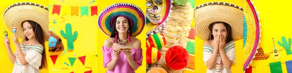 Collage Mexican Girls Sombrero Maracas Traditional Food Decorations Yellow Background — Stock Photo, Image