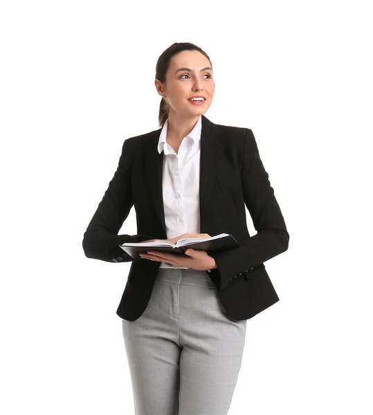Vrouwelijke Business Consultant Met Notebook Witte Achtergrond — Stockfoto