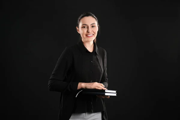Female Business Consultant Notebooks Dark Background — Stock Photo, Image