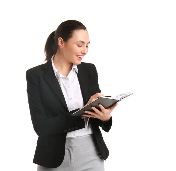 Vrouwelijke Business Consultant Schrijven Notebook Witte Achtergrond — Stockfoto