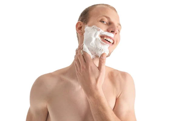Young Man Applying Shaving Foam Face White Background — Stock Photo, Image