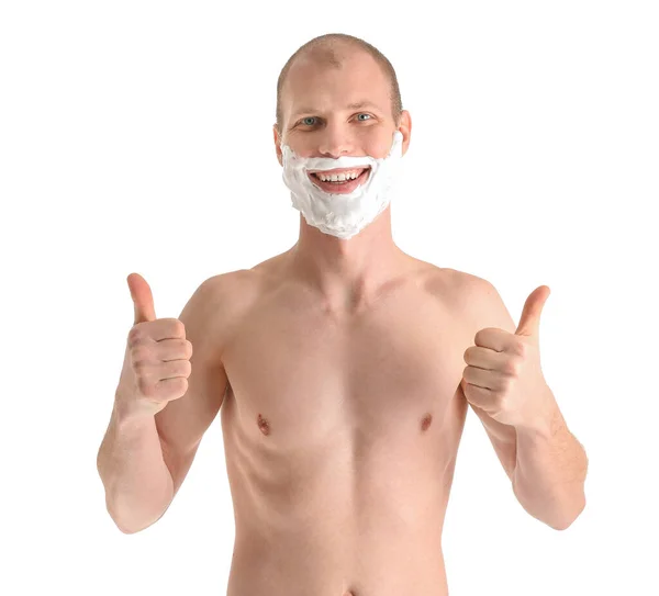 Young Man Shaving Foam Face Showing Thumb White Background — Stock Photo, Image