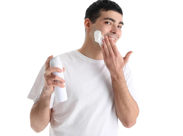 Young Man Applying Shaving Foam Face White Background — Stock Photo, Image