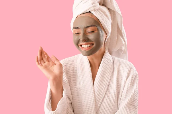 Young Woman Bathrobe Applied Clay Mask Pink Background — Stock Photo, Image