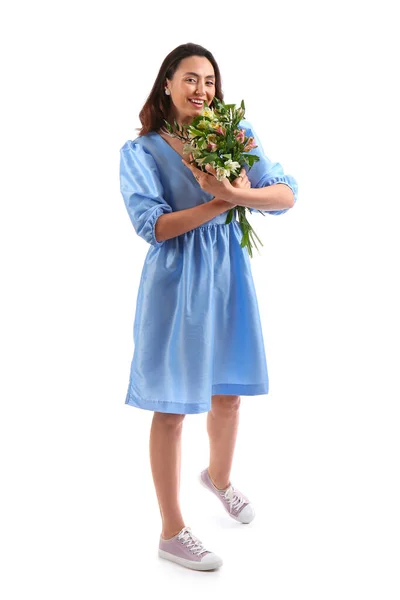 Young Woman Blue Dress Alstroemeria Flowers White Background — Stock fotografie
