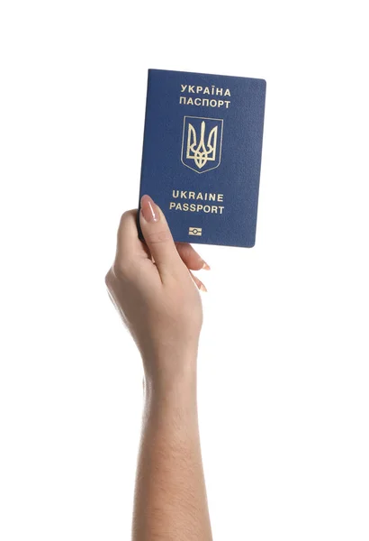 Femme Avec Passeport Ukrainien Sur Fond Blanc — Photo
