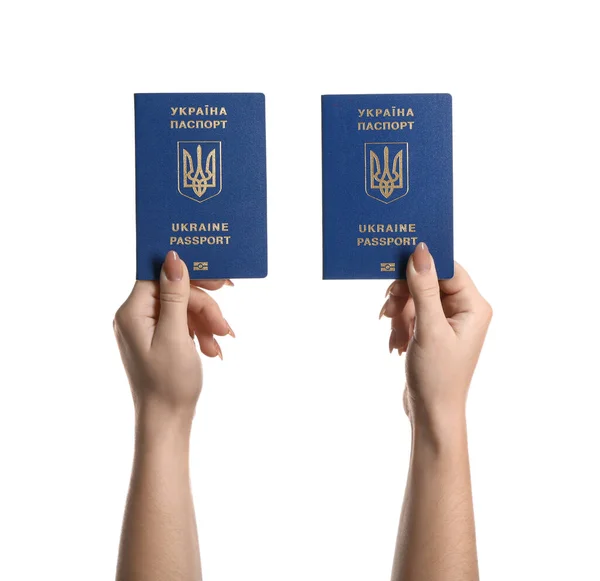 Kobieta Ukraińskimi Paszportami Białym Tle — Zdjęcie stockowe