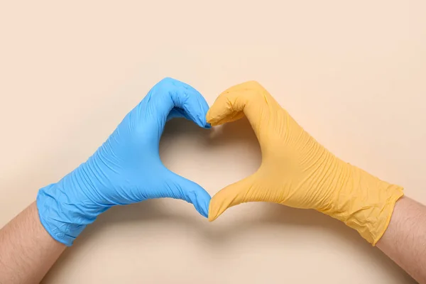 Doctor Medical Gloves Colors Ukrainian Flag Making Heart Her Hands — Stock Photo, Image