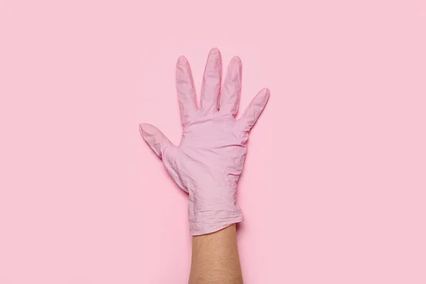 Женщина Медицинской Перчатке Розовом Фоне — стоковое фото