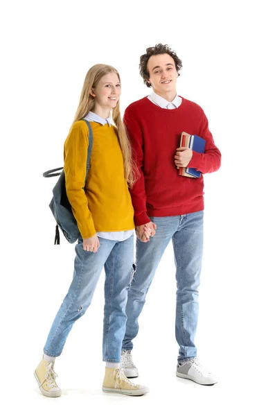 Teenage Couple Books Holding Hands White Background — Stock Photo, Image