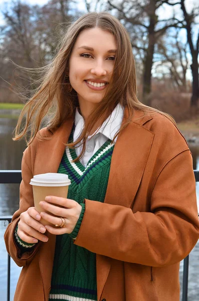 Stylish Young Woman Cup Coffee Embankment — Stock Photo, Image