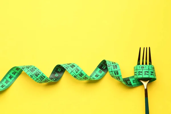 New Measuring Tape Fork Yellow Background Closeup — Stock Photo, Image