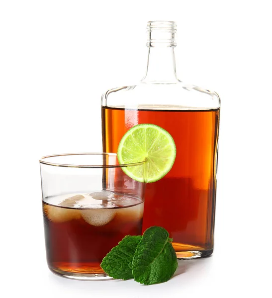 Bottle Glass Cold Rum Lime Mint White Background — Stock Photo, Image