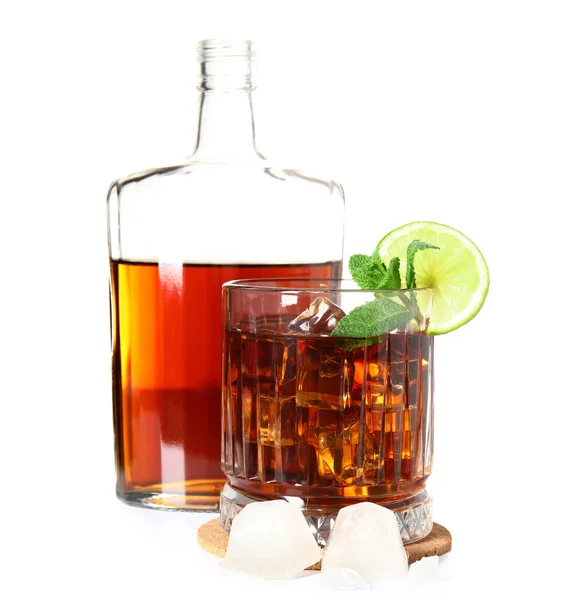 Bottle Glass Cold Rum Lime White Background — Stock Photo, Image