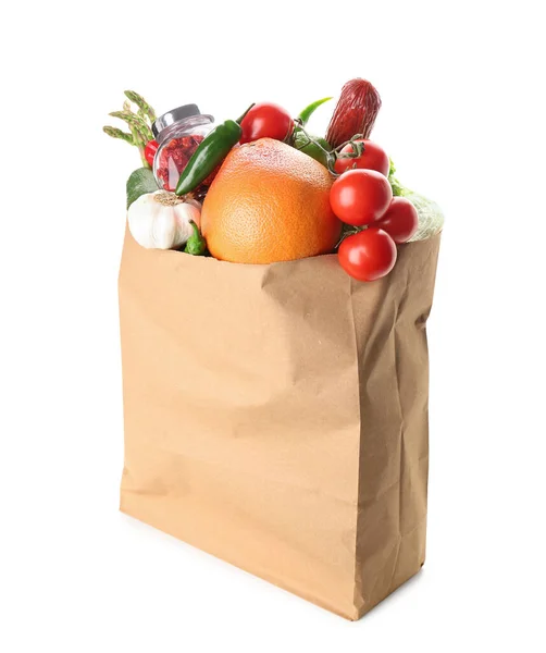 Paper Bag Vegetables Pomelo Sausage White Background — Stock Photo, Image
