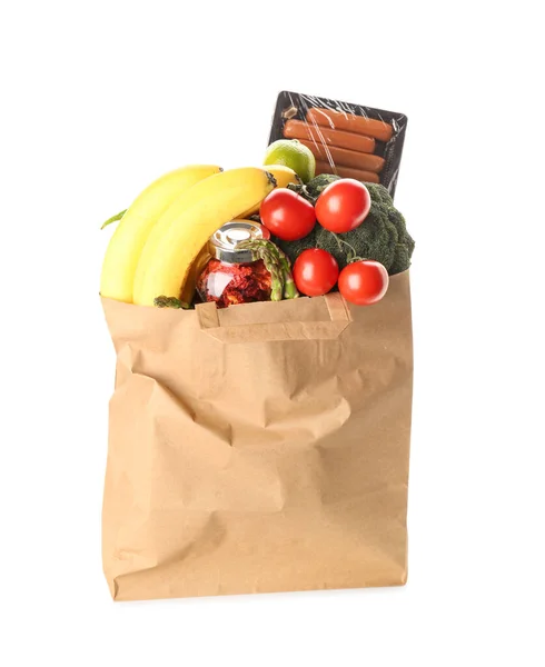 Papirpose Med Grønnsaker Frukt Pølser Hvit Bakgrunn – stockfoto