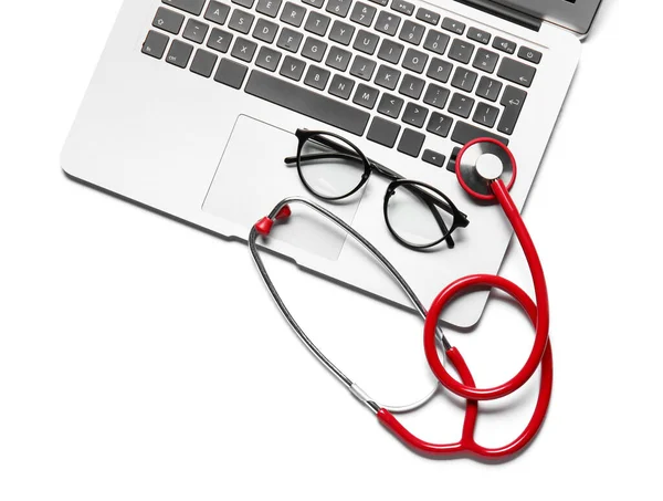Stethoscope Laptop Glasses White Background — Stock Photo, Image