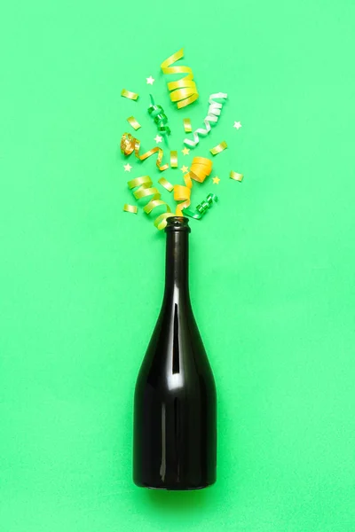 Composition Champagne Bottle Confetti Green Background — Stock Photo, Image