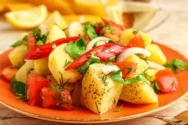 Plate Tasty Potato Salad Vegetables Table Closeup — Stock Photo, Image
